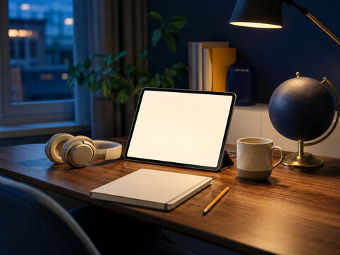 Remote language learning workspace with tablet and headphones