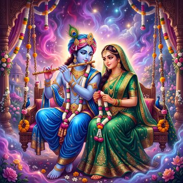 Divine Krishna and Radha swinging on ornate jhula in celestial garden.