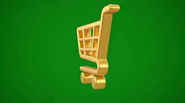 3D golden shopping cart icon spinning slowly on a bright green screen background for chroma key compositing