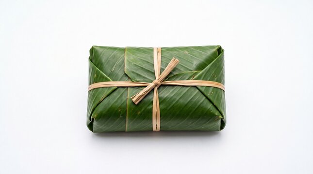 Traditional bamboo leaf wrapped food package tied with natural twine presented neatly on white background