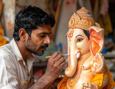 Close-up of young Indian artist painting a handmade Ganpati idol with a brush and natural colors, highlighting traditional craftsmanship, eco-friendly art, creativity, and Ganesh Chaturthi.