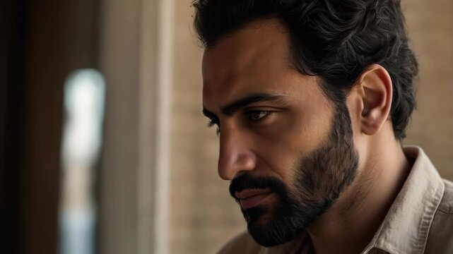 Bearded Man with Serious Expression Near Window in Warm Indoor Light, Adult Face Portrait