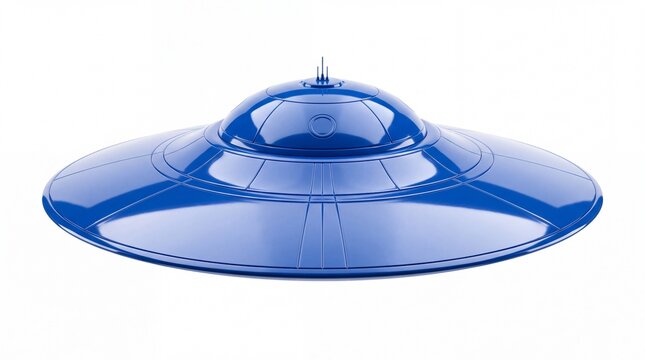 Shiny blue metallic ufo spaceship design featuring sleek circular aesthetic shapes isolated on white background