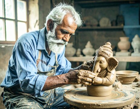 Elderly Indian artisan handcrafting a traditional Ganpati idol from natural clay, showcasing skilled craftsmanship, cultural heritage, Indian tradition, eco-friendly art, and Ganesh Chaturthi.