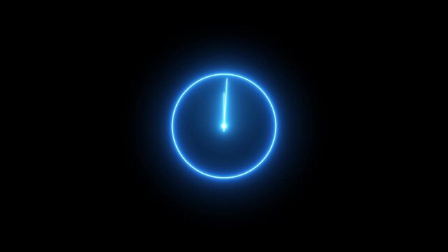 Neon blue glowing clock face animation, minimalist time passing concept, digital countdown motion