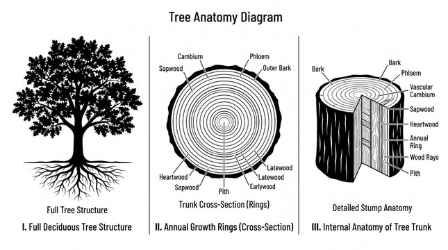 Tree anatomy diagram showing trunk cross-section and internal structure