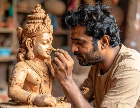Young Indian artist handcrafting a traditional Ganpati idol from natural clay, showcasing skilled craftsmanship, Indian culture, eco-friendly art, and Ganesh Chaturthi preparations.