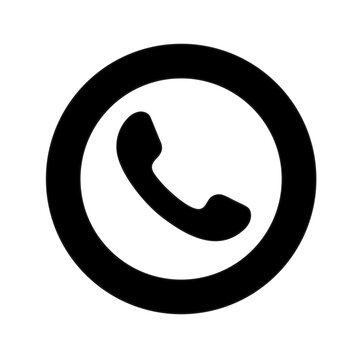 Minimalist phone icon in black circle, telephone handset symbol for contact us, flat vector communication button for web design