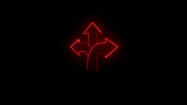 Neon red triple direction arrow sign glowing on black background, for navigation and, decision making