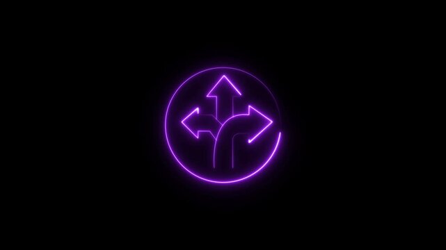 Neon purple three-way directional arrow sign glowing on black background, arrows