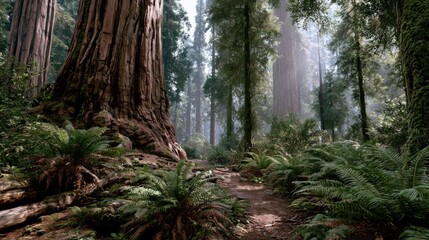 Fototapeta premium Majestic Redwoods Towering Over a Serene Forest Path Surrounded by Lush Greenery and Soft Light Filtering Through the Canopy in a Tranquil Environment