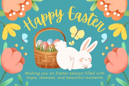 Festive Happy Easter card layout featuring cute bunny and colorful spring garden theme
