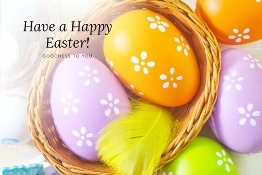Festive Have a Happy Easter card layout featuring bright patterned eggs and clean vector frame