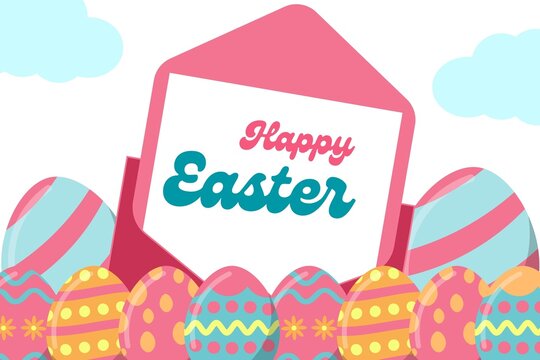 Festive Happy Easter card layout featuring bright patterned eggs and clean vector frame