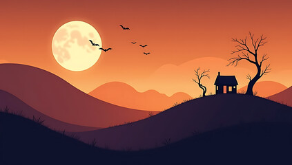 Fototapeta premium A Spooky Silhouette Landscape Featuring A Lonely House Under A Full Moon