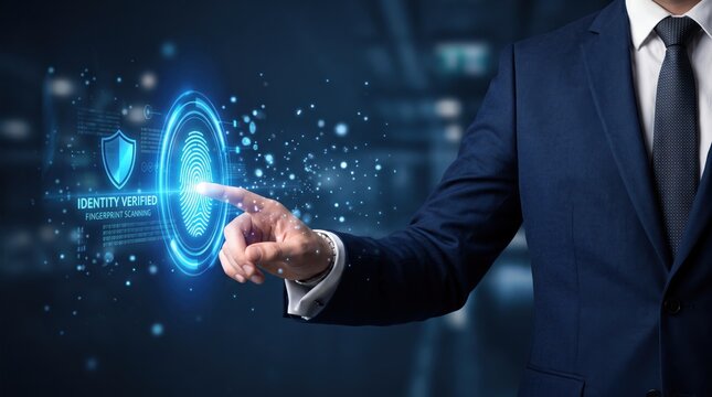 Businessman touching futuristic holographic fingerprint scanner interface for identity verification, representing advanced biometric security technology, data protection