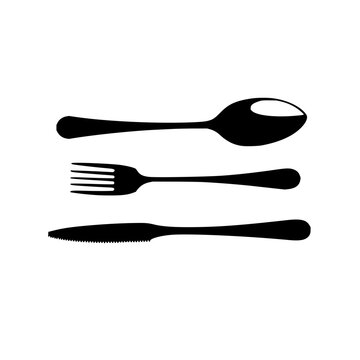 Black utensil set with spoon, knife, and fork in minimalist vector illustration featuring clean outlines, monochrome palette, and high contrast with flat perspective