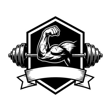 Flexing arm with dumbbell weightlifting logo symbol