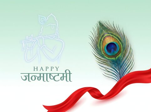 Happy janmashtami greeting card with peacock feather and outline krishna.