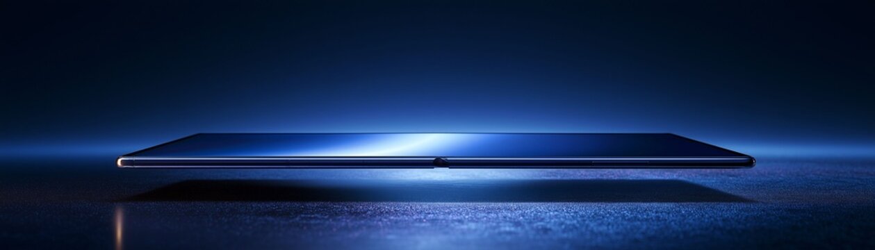 foldable smartphone with blank screen opened in an elegant floating presentation, premium technology showcase, futuristic lighting, mockup-ready, advertising quality, ultra-realistic reflections 