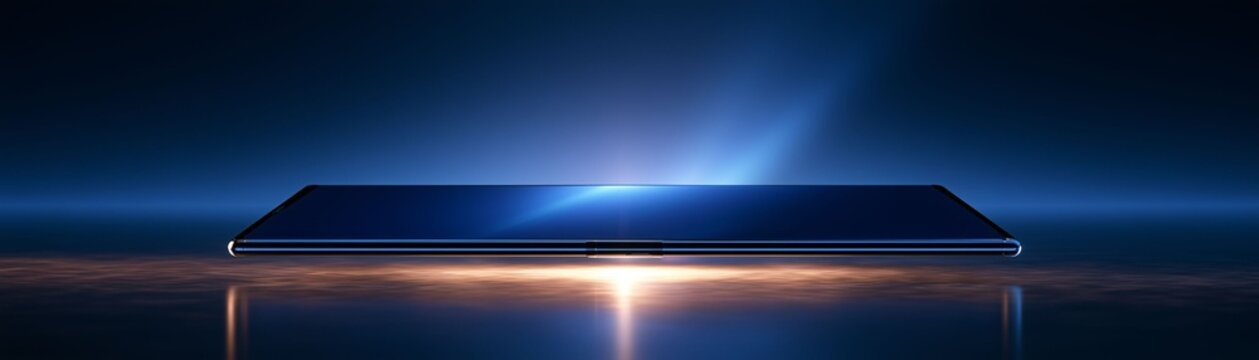 foldable smartphone with blank screen opened in an elegant floating presentation, premium technology showcase, futuristic lighting, mockup-ready, advertising quality, ultra-realistic reflections 