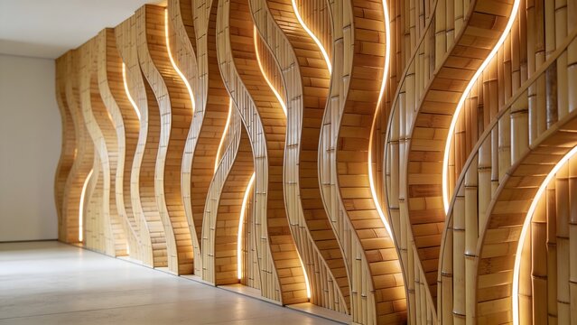 Parametric curved bamboo wood wall with illuminated warm led strips suitable for contemporary interior design, eco friendly architecture mockup, and hospitality background banner.