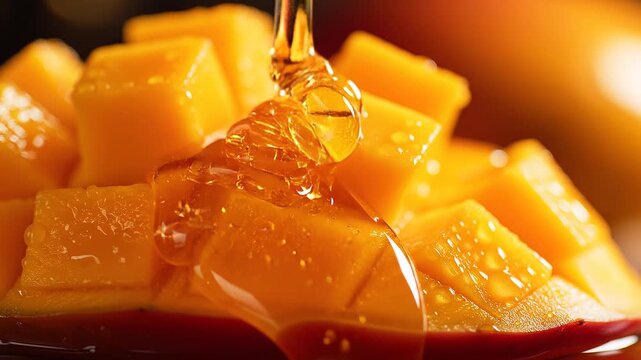 Golden honey drizzling onto fresh cubed mango fruit slices