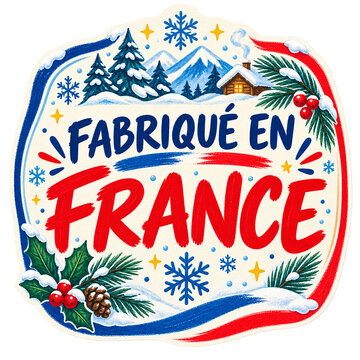 Made in France Winter Christmas Badge with Snowy Mountains Chalet and Holly Isolated on Transparent Background