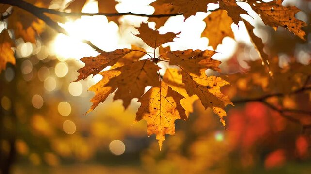 Golden oak leaves backlit by warm autumn sunlight with bokeh
