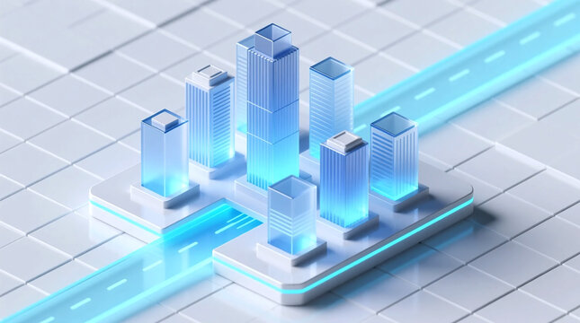 isometric 3D rendering showcasing digital innovation ecosystem with glowing blue glass towers and cyan light trails on white modern high-tech baseplate