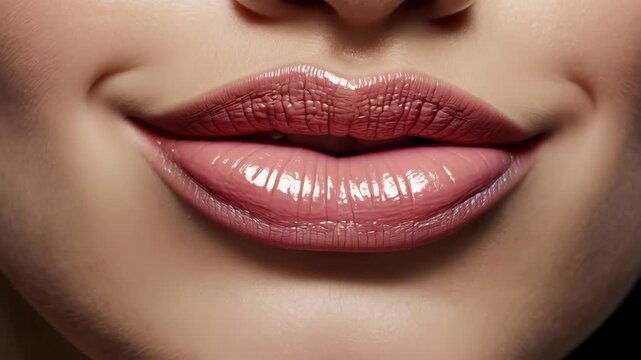 Glossy Pink Lips Closeup Mouth Beauty Portrait with Smooth Natural Skin Texture and Soft Smile