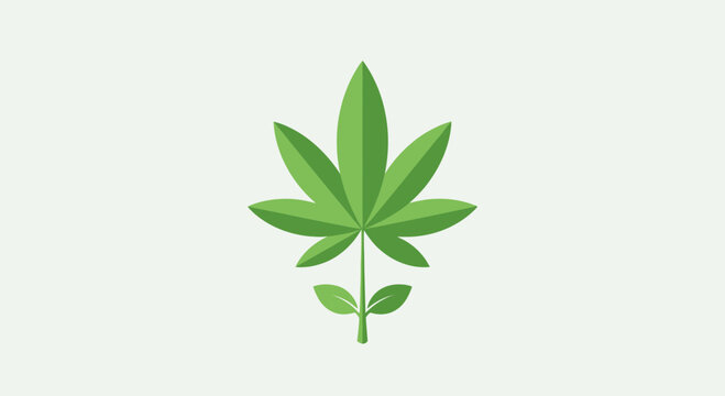 Minimalist flat vector illustration of a green cannabis leaf on a light background.