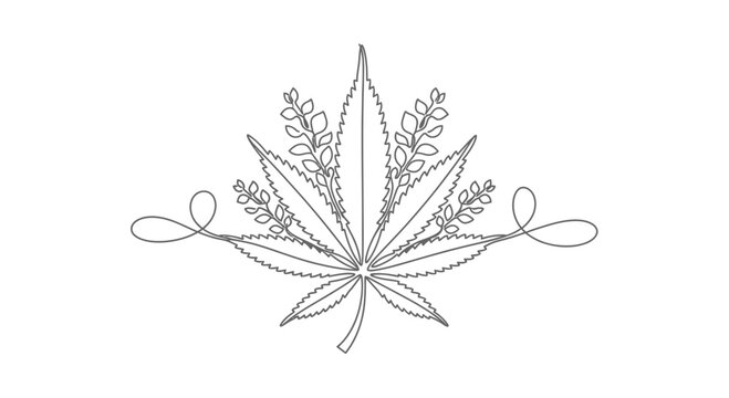 Minimalist line art illustration of a cannabis leaf with decorative floral flourishes.