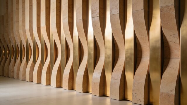 Parametric 3D architectural wall panels crafted with travertine stone and luxury gold metallic finishes. Excellent for modern interior visualization, web headers, and wall art decor.