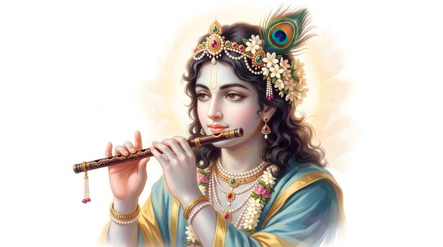 Lord Krishna illustration with flute and peacock feather adornment.