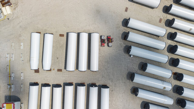Aerial view of wind turbine components stored at a construction site in New London, Connecticut, United States.