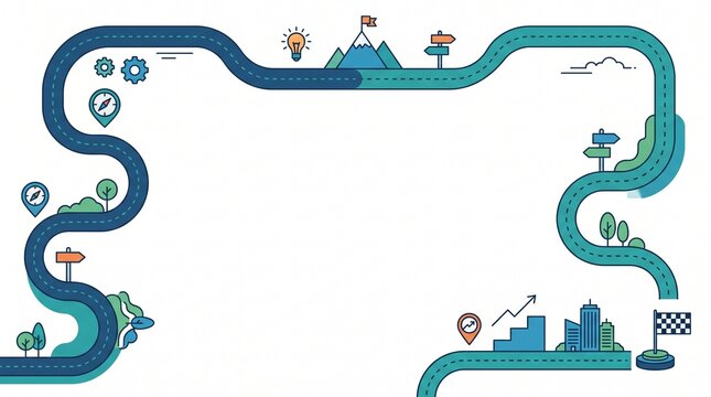 Modern minimalist vector illustration featuring a long winding road forming a dynamic path across a clean white background. Multiple directional signs, flags, a light bulb, mountain peak, and trophy s