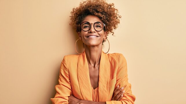 Confident woman with curly hair and glasses smiles while wearing an orange blazer.