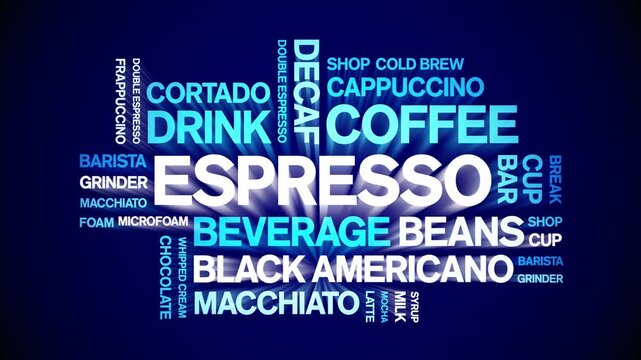Espresso coffee animated word cloud-animation tag kinetic typography seamless loop.