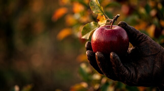 Hand in worn leather glove holding ripe red gala apple during golden hour autumn harvest in rural orchard