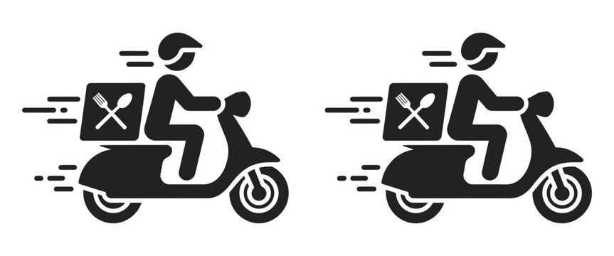 Motorcycle Delivery Person, scooter rider carrying package for fast courier food delivery service logistics express shipping vector illustration