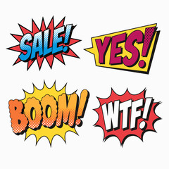 Naklejka premium Retro comic speech bubbles collection with vibrant sale yes boom and wtf expressions using halftone patterns for creative advertising layouts and pop art illustrations.
