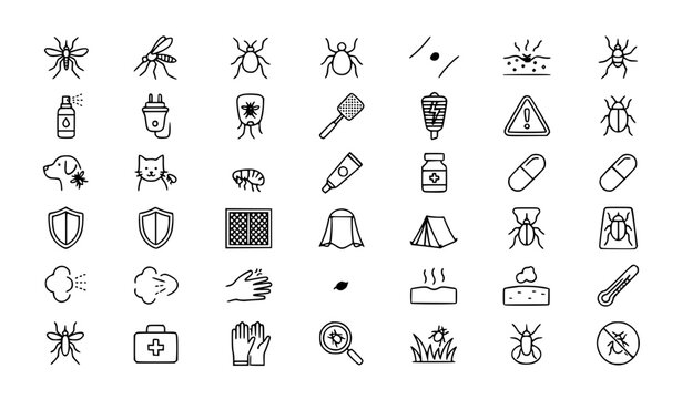 Premium mosquito, tick, flea, bug, insect repellent, pest control and protection line icons set