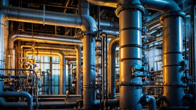 Industrial Pipe System in Modern Processing Plant with Metallic Equipment and Warm Lighting