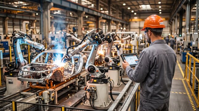 Engineer monitoring automated robotic arms welding car chassis on assembly line in smart factory using tablet for industrial automation manufacturing process control