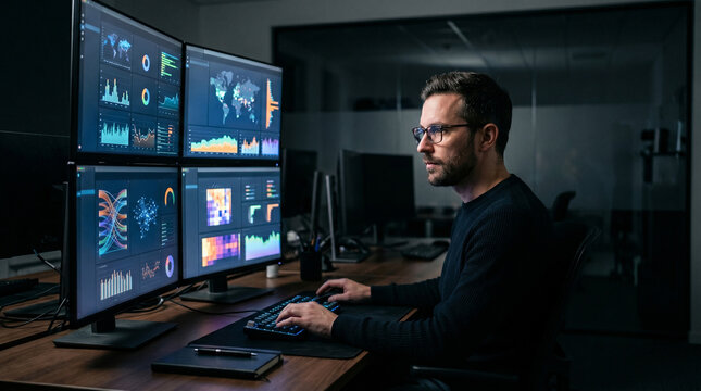 Male executive analyzing complex network diagrams on four screens in dark office.