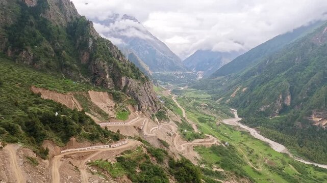 Extreme Zigzag Mountain Highway Carving Through Deep River Gorge In Vyas Valley Uttarakhand