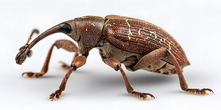 Closeup macro view of a long snouted weevil with detailed brown elytra and yellow markings resting on a white background.