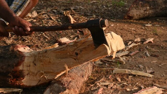 A person using a traditional hand axe to hew a rough wooden log resting. Traditional manual wood-chopping axe with a metal head and wooden handle. Its Commonly used in rural and village settings.