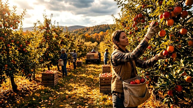 Female worker harvesting ripe red apples in a sunlit orchard during autumn harvest season with farm hands working in background